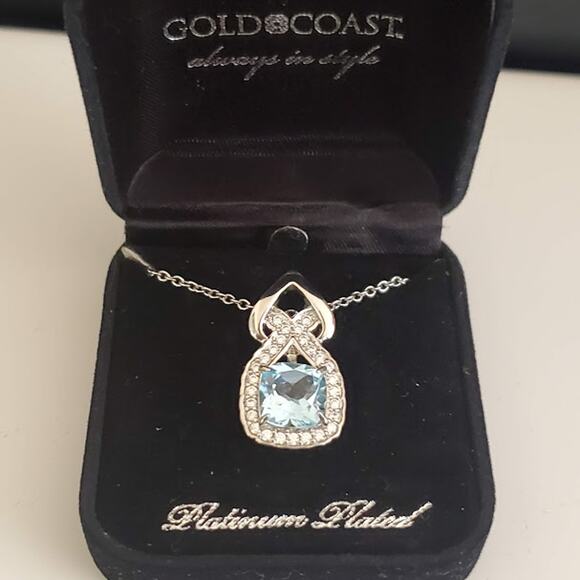 Gold Coast Necklace Platinum Plated Aquamarine CZ Romantic‎ Feminine Bling NIB - Picture 1 of 8